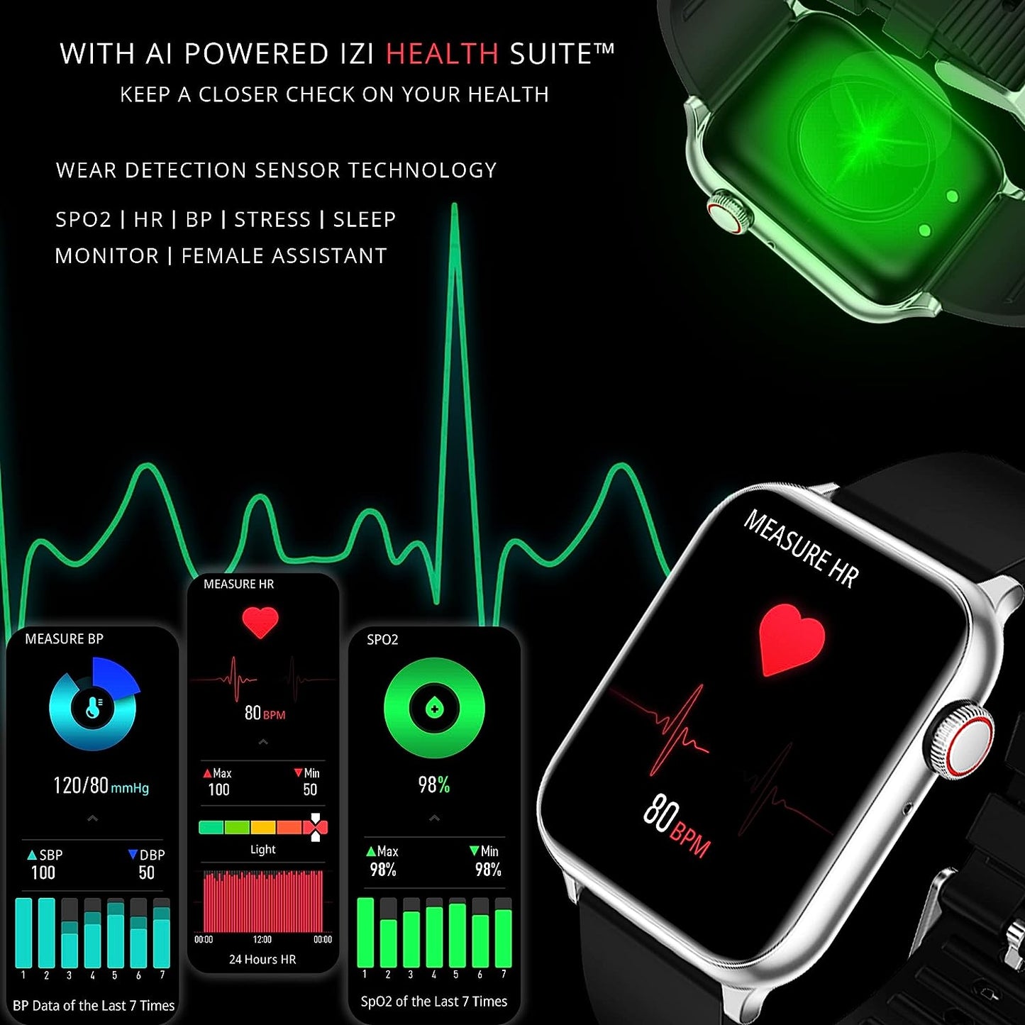 IZI New Launched Prime+ Smart Watch, 1.78" AMOLED Always ON Display, Bluetooth Calling, DIY Watch Face, AI Voice Assistant,ECG, SPO2, BP, Heart Rate, Sports Mode, 60hz Refresh Rate, 7 Days Ba - IZI