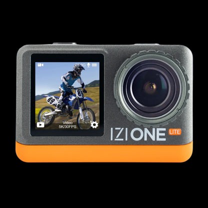 IZI One Lite 5K Action Camera - 4K 60FPS 50MP Ultra HD Moto Vlogging Action Cam, Dual Screen, EIS Stabilization, 170° Wide Angle, 30M Waterproof, 2-Battery - 180 mins action, 256GB SD Card Support