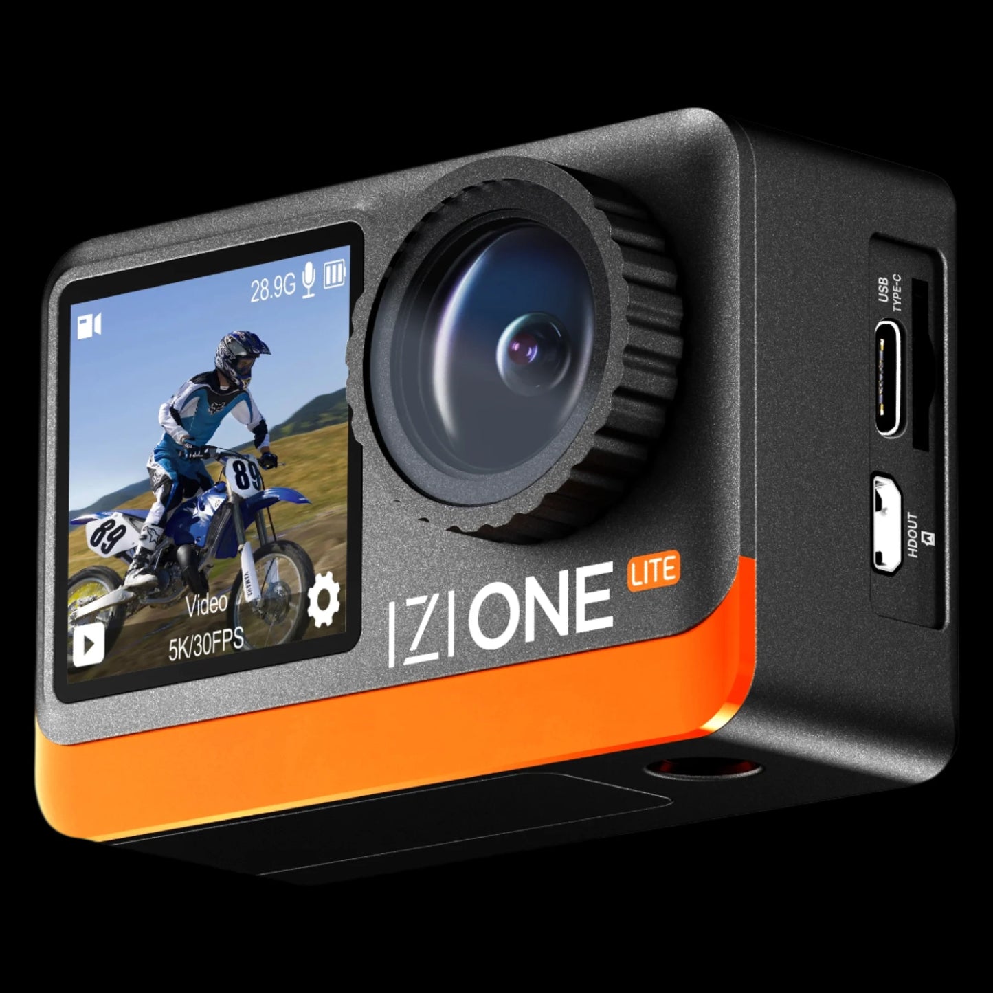 IZI One Lite 5K Action Camera - 4K 60FPS 50MP Ultra HD Moto Vlogging Action Cam, Dual Screen, EIS Stabilization, 170° Wide Angle, 30M Waterproof, 2-Battery - 180 mins action, 256GB SD Card Support