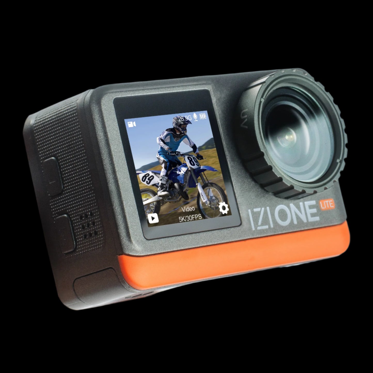 IZI One Lite 5K Action Camera - 4K 60FPS 50MP Ultra HD Moto Vlogging Action Cam, Dual Screen, EIS Stabilization, 170° Wide Angle, 30M Waterproof, 2-Battery - 180 mins action, 256GB SD Card Support