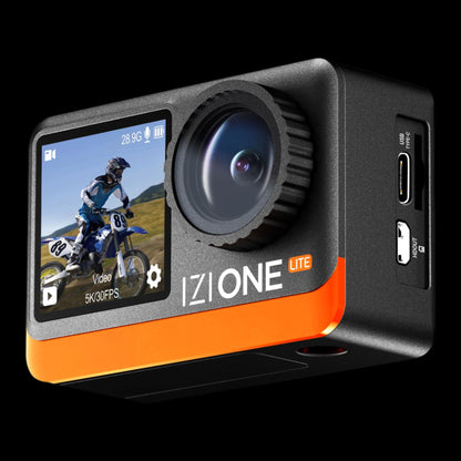 IZI One Lite 5K Action Camera - 4K 60FPS 50MP Ultra HD Moto Vlogging Action Cam, Dual Screen, EIS Stabilization, 170° Wide Angle, 30M Waterproof, 2-Battery - 180 mins action, 256GB SD Card Support