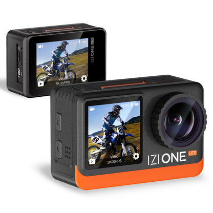 IZI One Lite 5K Action Camera - 4K 60FPS 50MP Ultra HD Moto Vlogging Action Cam, Dual Screen, EIS Stabilization, 170° Wide Angle, 30M Waterproof, 2-Battery - 180 mins action, 256GB SD Card Support