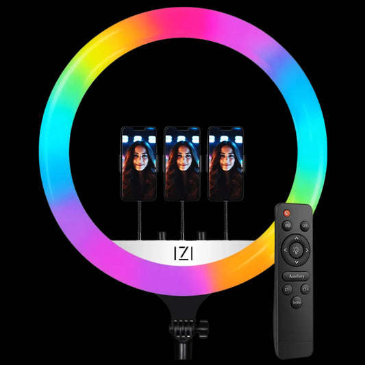 IZI RGB LED 18 Inch Ring Light, 28+ Multicolor Modes with Anti skid base for YouTube, Photo Video Shoots, Live Streaming, Makeup, iPhone/Android Phone & Camera Compatible, Without Tripod