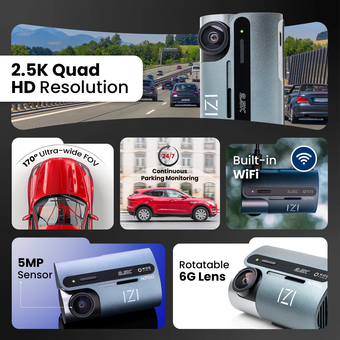 IZI N700 5 MP Car Dashboard Camera, 2.5K, Night Vision, WiFi, 512GB Storage Support