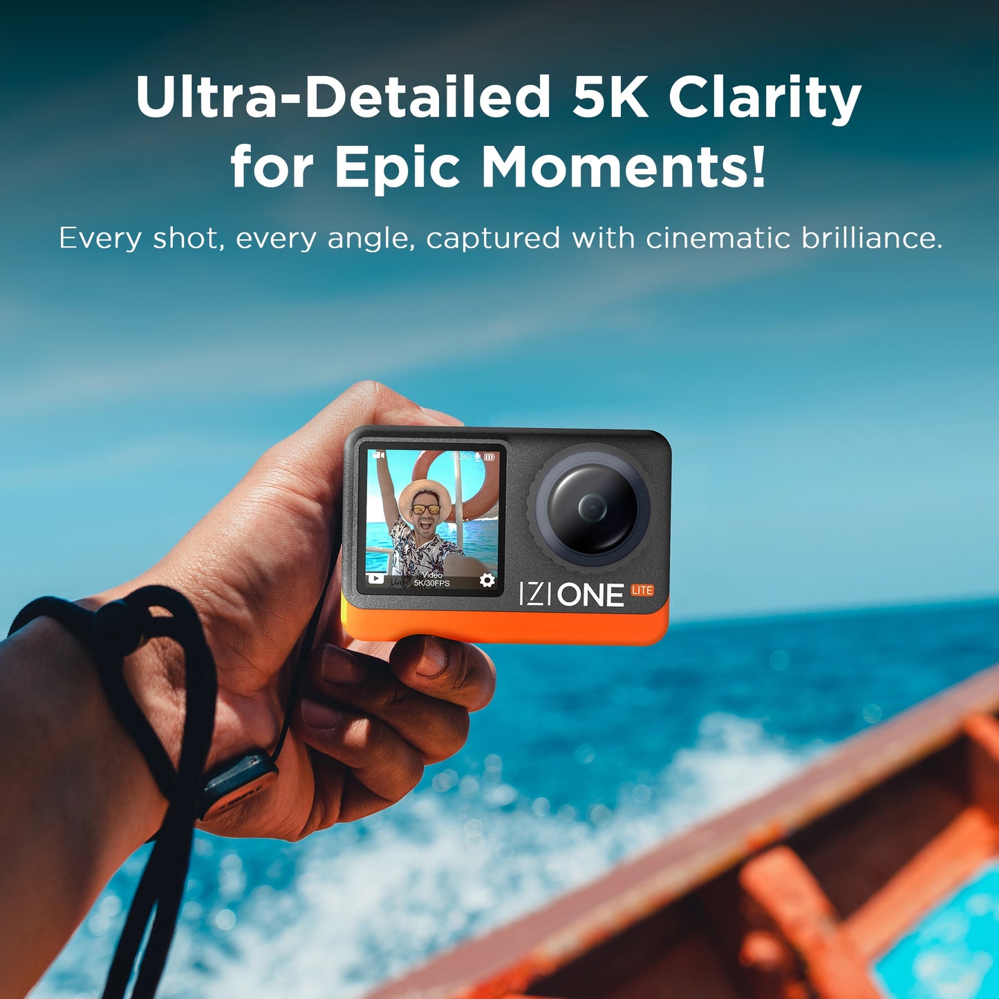 IZI One Lite 5K Action Camera - 4K 60FPS 50MP Ultra HD Moto Vlogging Action Cam, Dual Screen, EIS Stabilization, 170° Wide Angle, 30M Waterproof, 2-Battery - 180 mins action, 256GB SD Card Support