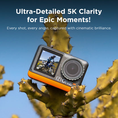 IZI One Lite 5K Action Camera - 4K 60FPS 50MP Ultra HD Moto Vlogging Action Cam, Dual Screen, EIS Stabilization, 170° Wide Angle, 30M Waterproof, 2-Battery - 180 mins action, 256GB SD Card Support