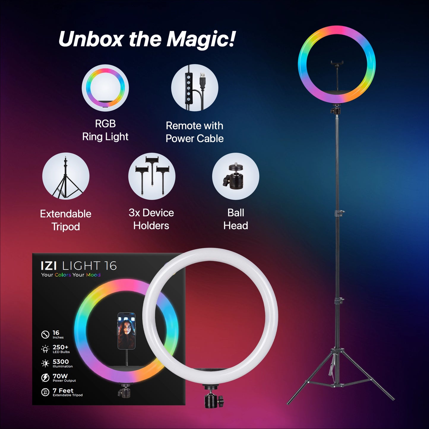 IZI RGB Ring Light 16 Inch with Tripod - 28+ Modes & 15 RGB Colors