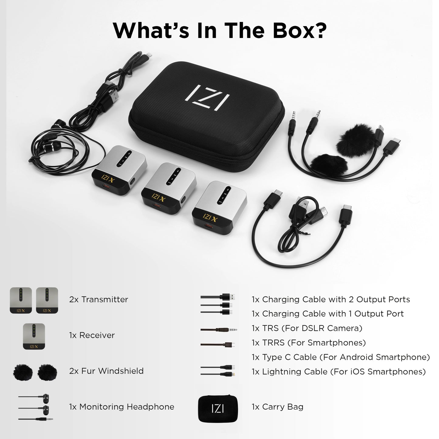 IZI X Dual Channel Wireless Microphone: 360° Omni, 120M Range, ANC, 15Hr Playback, Fast Charge