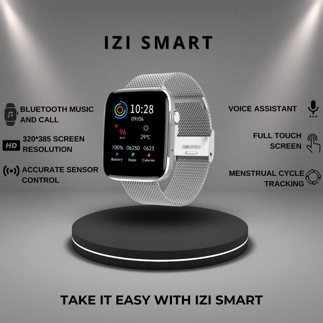 IZI Smart Calling Fitness Smartwatch | Ultra 3D Full Touch HD | Health Suite and Sports Tracking Mode | AI Voice Assistant | 200+ Watch Faces (Square + Grey Metal) - IZI