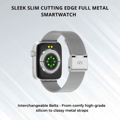 IZI Smart Calling Fitness Smartwatch | Ultra 3D Full Touch HD | Health Suite and Sports Tracking Mode | AI Voice Assistant | 200+ Watch Faces (Square + Grey Metal) - IZI